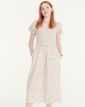 J. Crew Meadow Floral Smocked Dress Light Blue Pink Slit Short Puff Sleeve Sz S